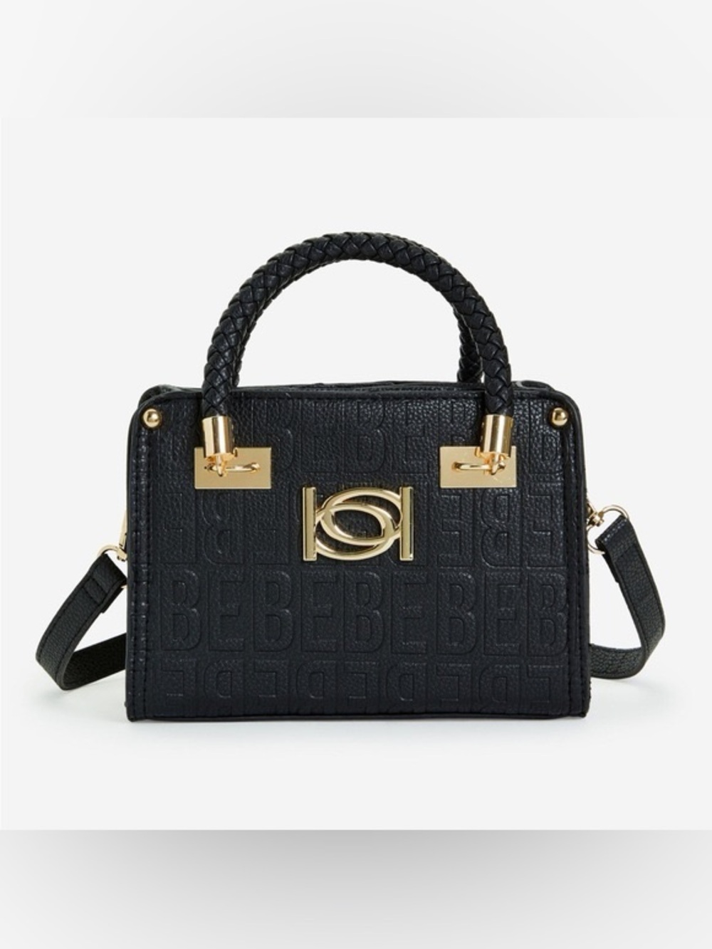 bebe Black Embossed Top-Handle Satchel with Gold Hardware